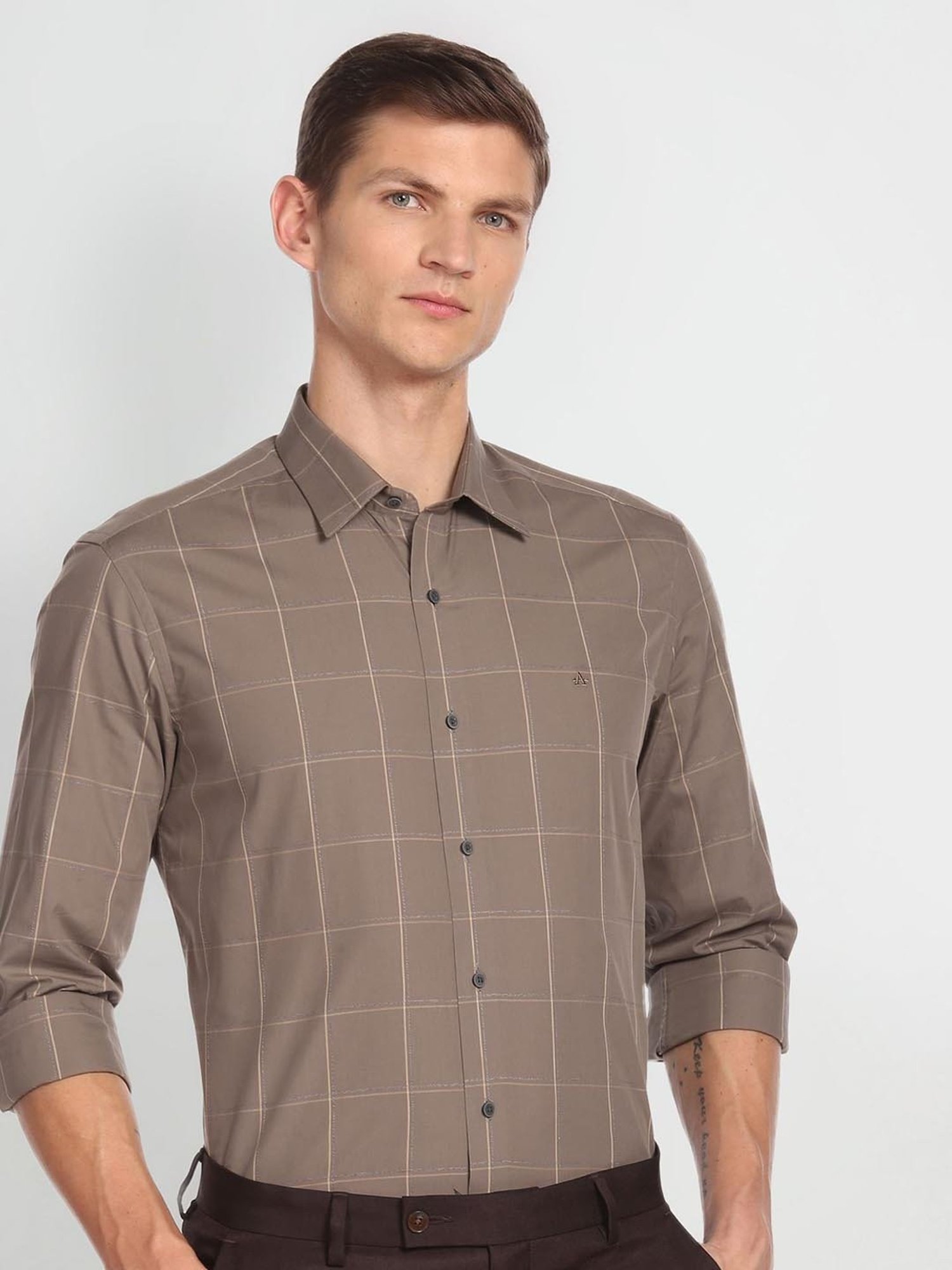 Arrow New York Brown Cotton Slim Fit Checks Shirt