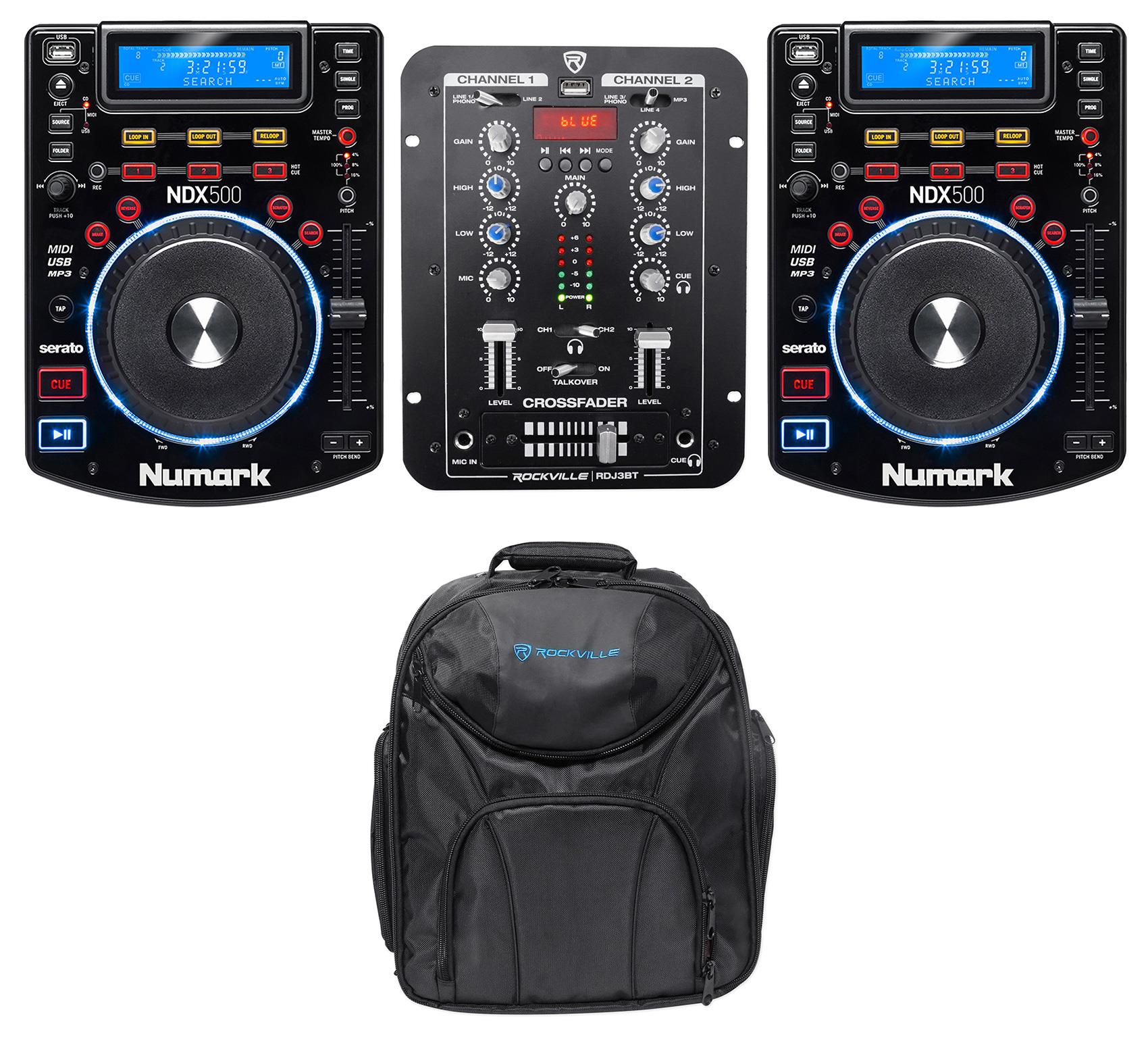 (2) Numark NDX500 DJ USB/CD Media Player Controllers+Bluetooth Mixer+Backpack