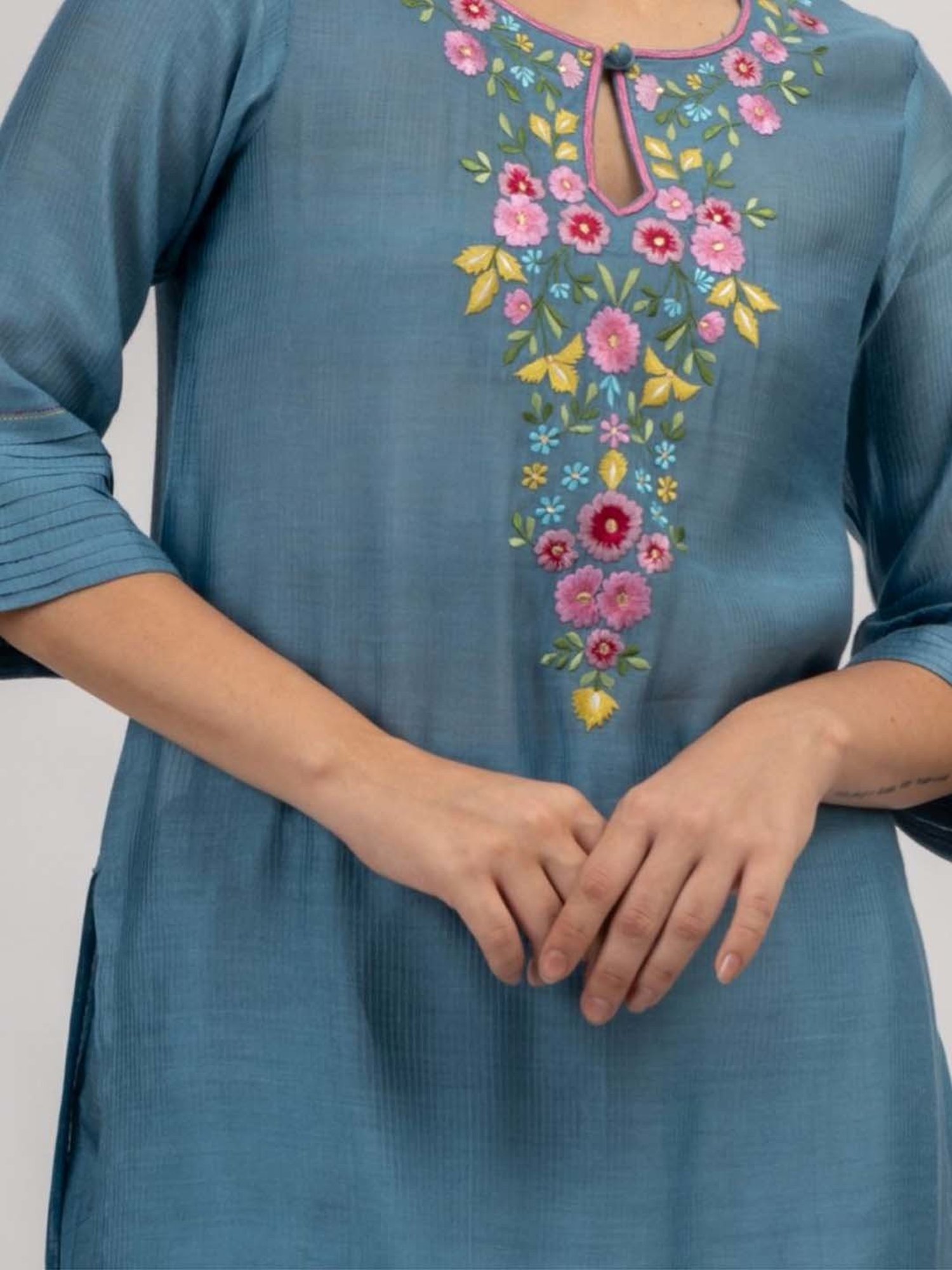 Mushio Blue & Grey Floral Hand Woven Maheshwari Silk Kurta With Slip With Cotton Silk Pants