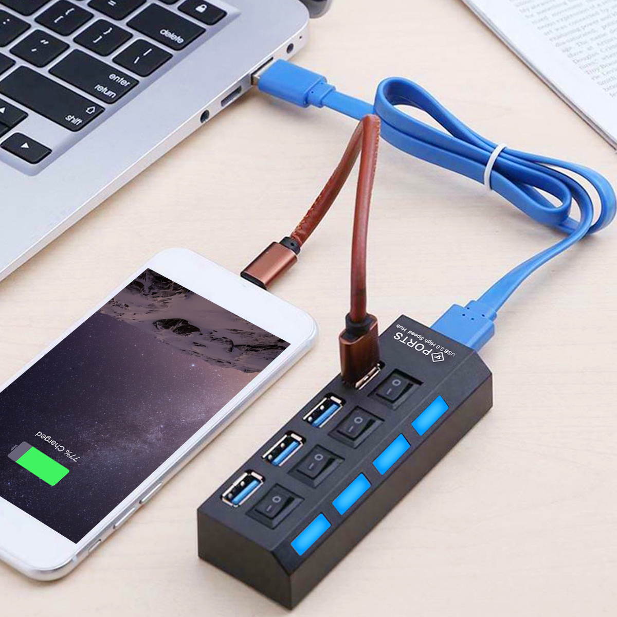 FirstPower 4 Ports USB 3.0 Hub, Portable SuperSpeed USB 3.0 Hub, Splitter 5Gbps, Individual On/Off Switches LED, USB Extension Multi-function USB Dock Hot Swapping Support with US AC Power Plug