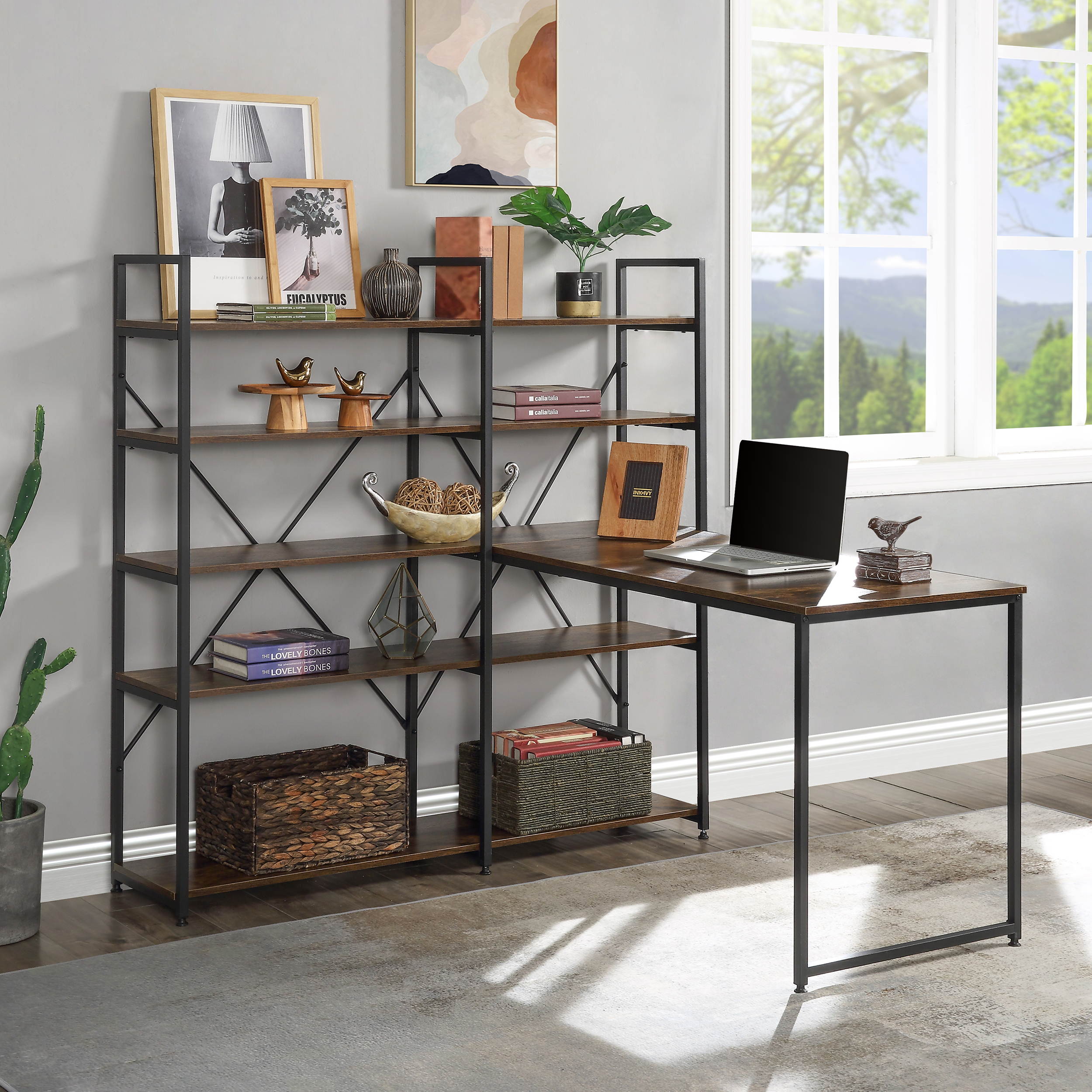 54" Home Office Desk Large Computer Desk Study Table Writing Desk Gaming Desk Workstation with 5-tier shelves Bookcase Brown