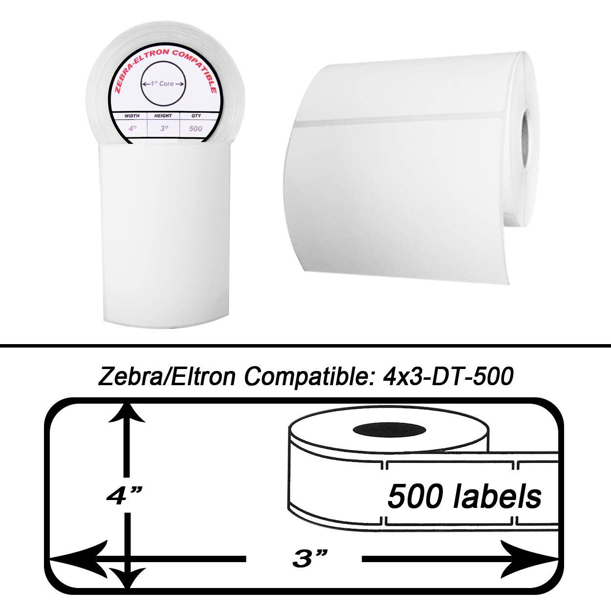Zebra/Eltron-Compatible 4 x 3 Labels (4" x 3") -- BPA Free! (11 Rolls; 500 Labels per Roll)