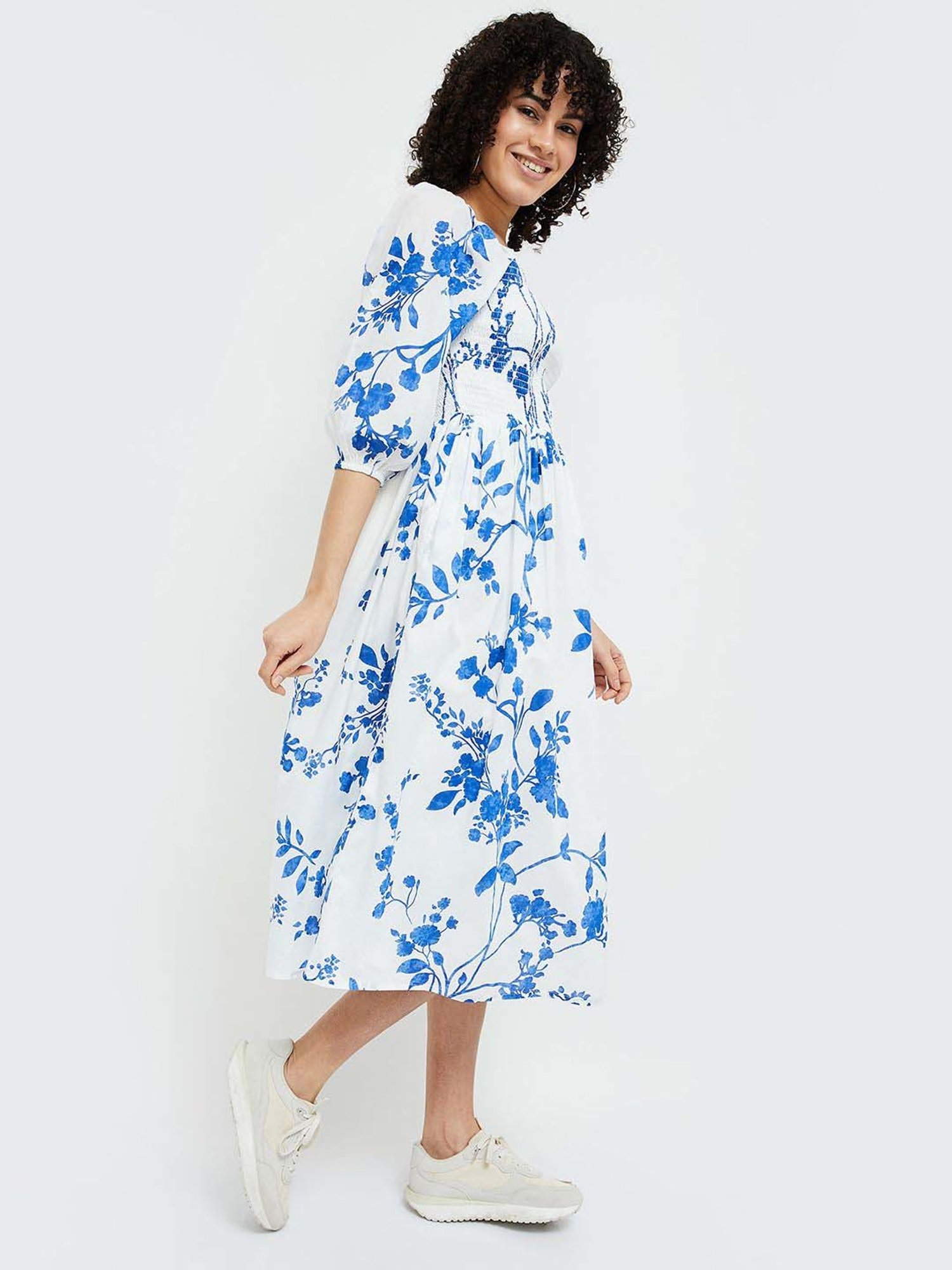 Colour Me by Melange White Cotton Printed A-Line Dress