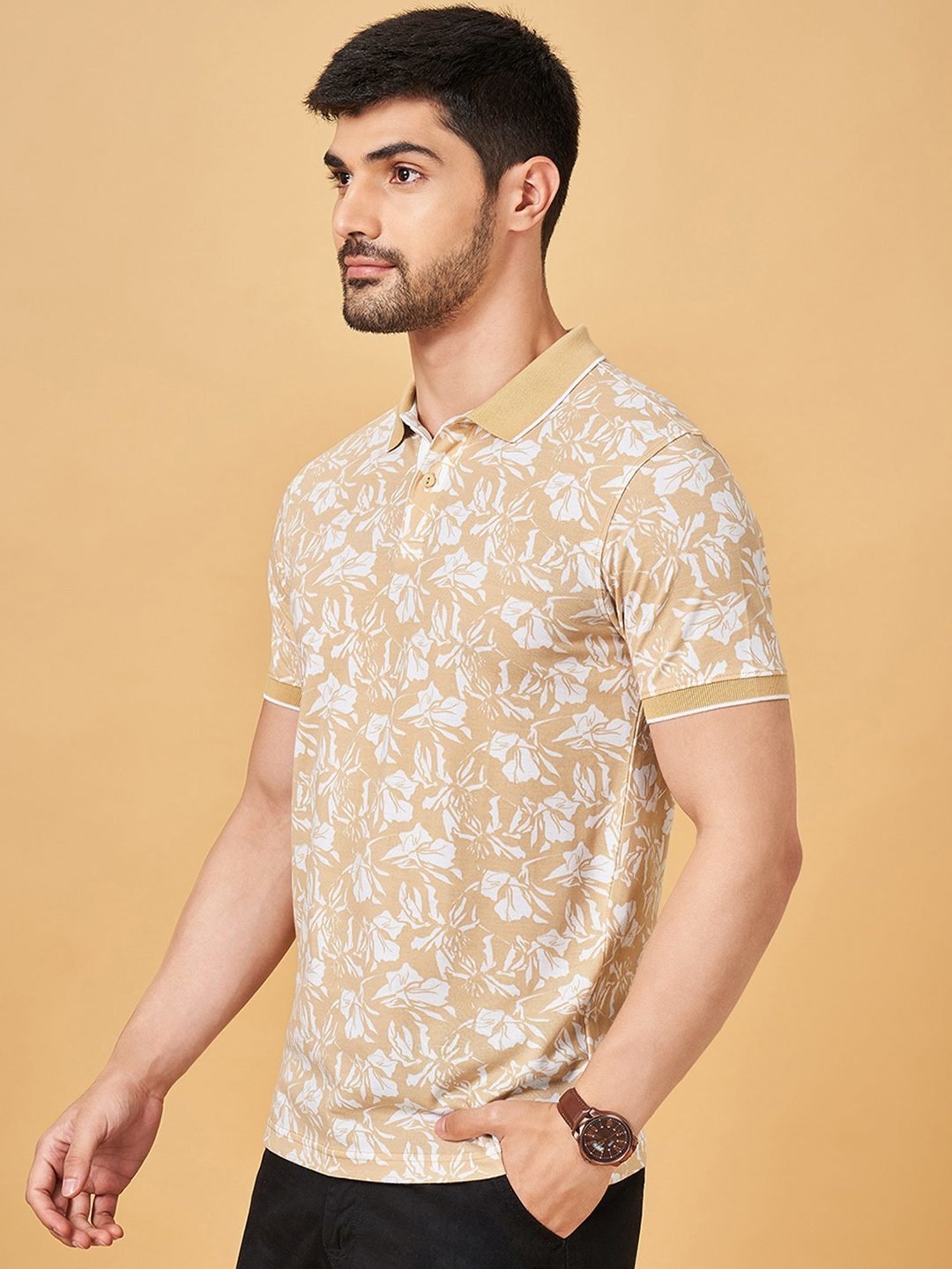 Byford By Pantaloons Peach Slim Fit Printed Polo T-Shirt