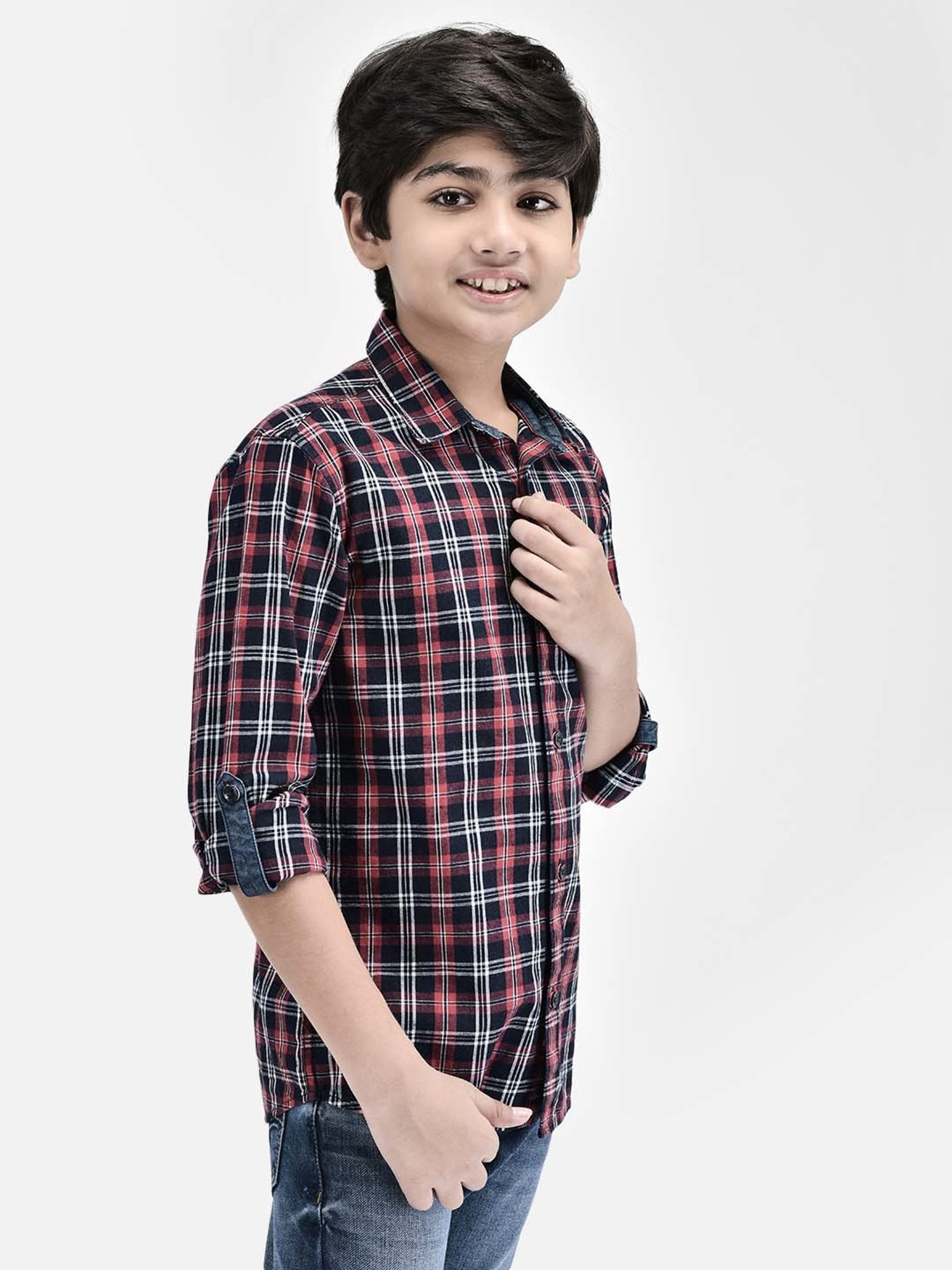 Crimsoune Club Kids Red & Navy Cotton Chequered Full Sleeves Shirt