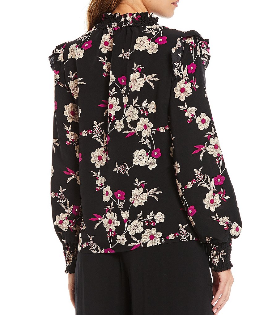 Sanctuary Bold Floral Print Smocked Mock Neck Long Sleeve Popover Top