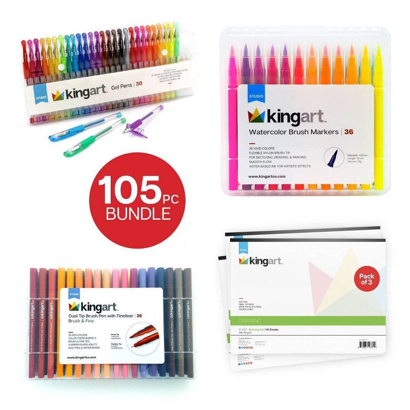 Kingart 105ct Markers Gel Pens Drawing Pad Bundle