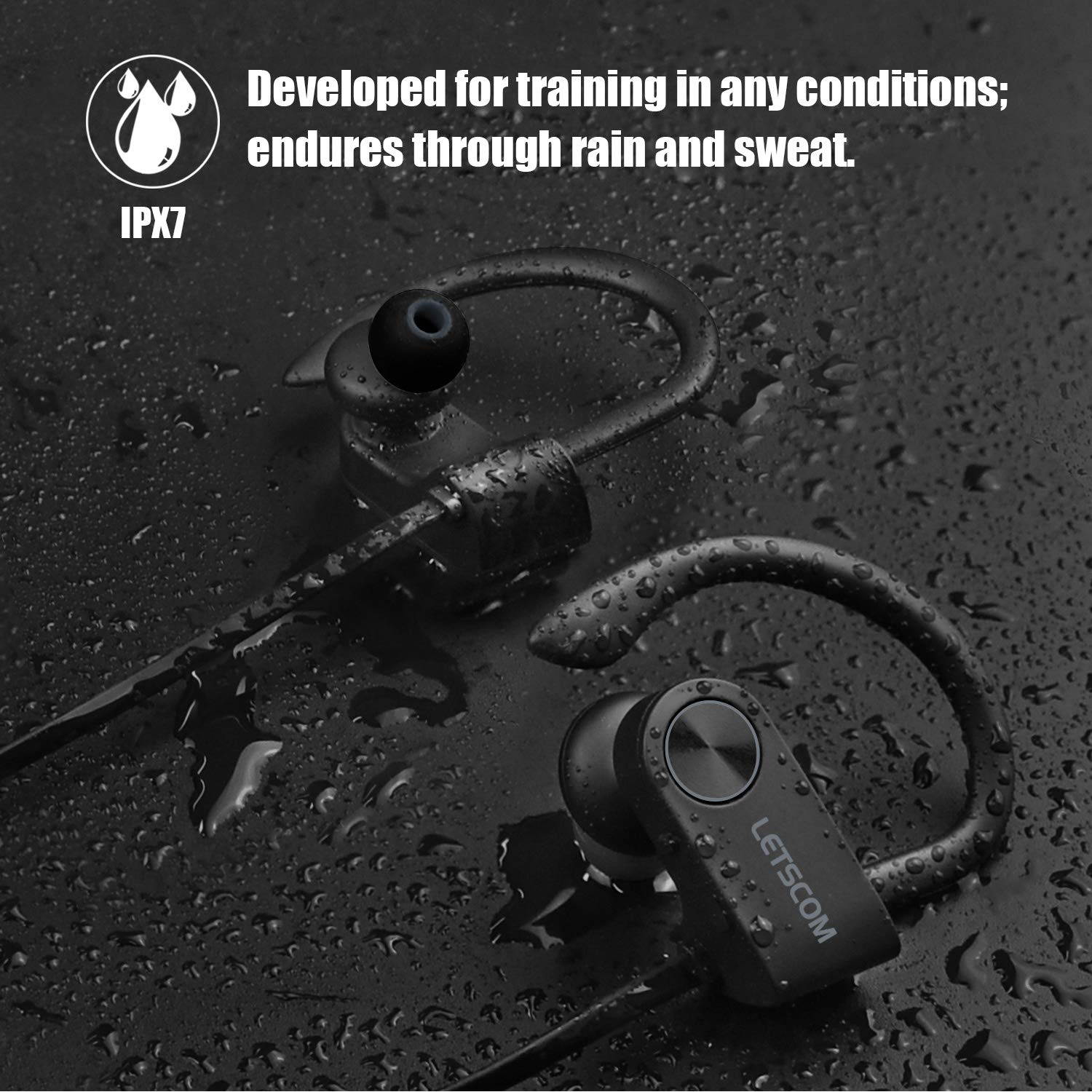 Bluetooth Headphones IPX7 Waterproof, Wireless Sport Earphones, HiFi Bass Stereo Sweatproof Earbuds w/Mic, Noise Cancelling Headset for Workout, Running, Gym, 8 Hours Play Time