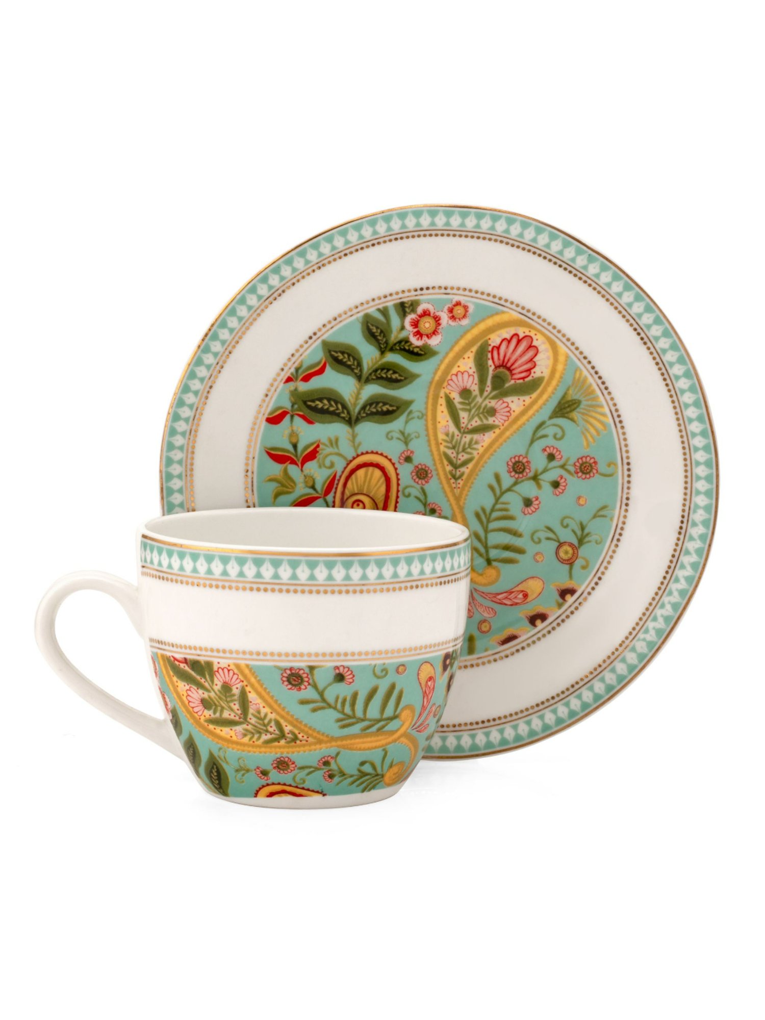 Clay Craft Printed Green Colour Gold Line Fine Ceramic Cup Saucer Set of 12, 180 ml