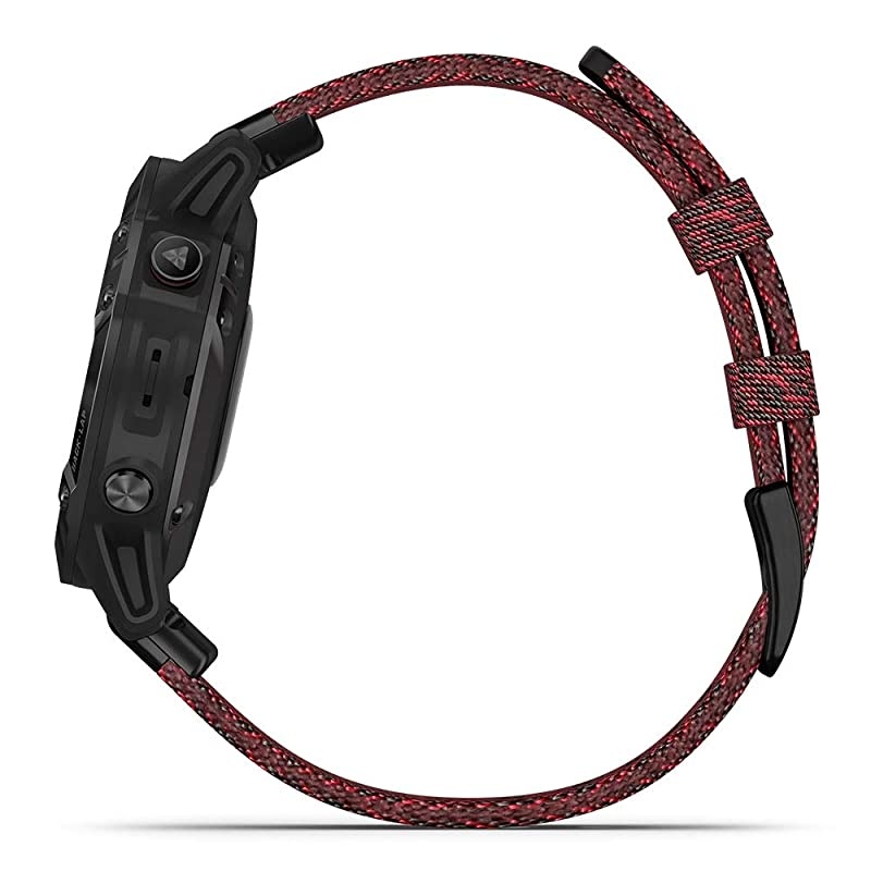 Garmin Fenix 6 Sapphire (Black with Red Nylon Band) Gift Box Bundle | +HD Screen Protectors, Extra Band,  Portable Charger, Adapters & Hard Case | Multisport Fitness Watch