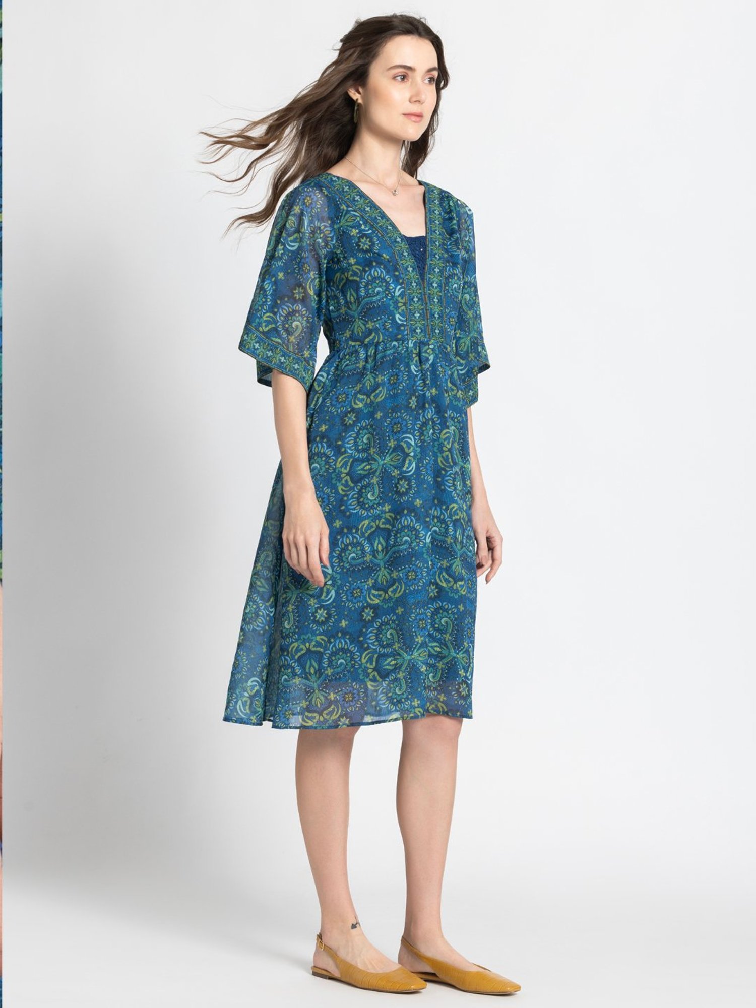 SHAYE Teal & Green Printed A Line Dress