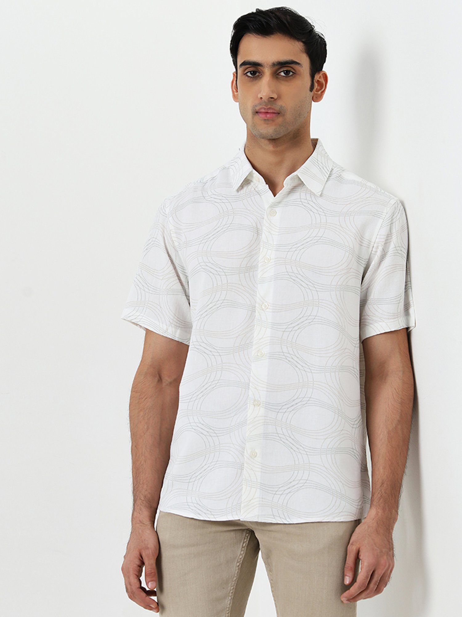 Ascot by Westside Off-White Abstract Relaxed-Fit Blended Linen Shirt