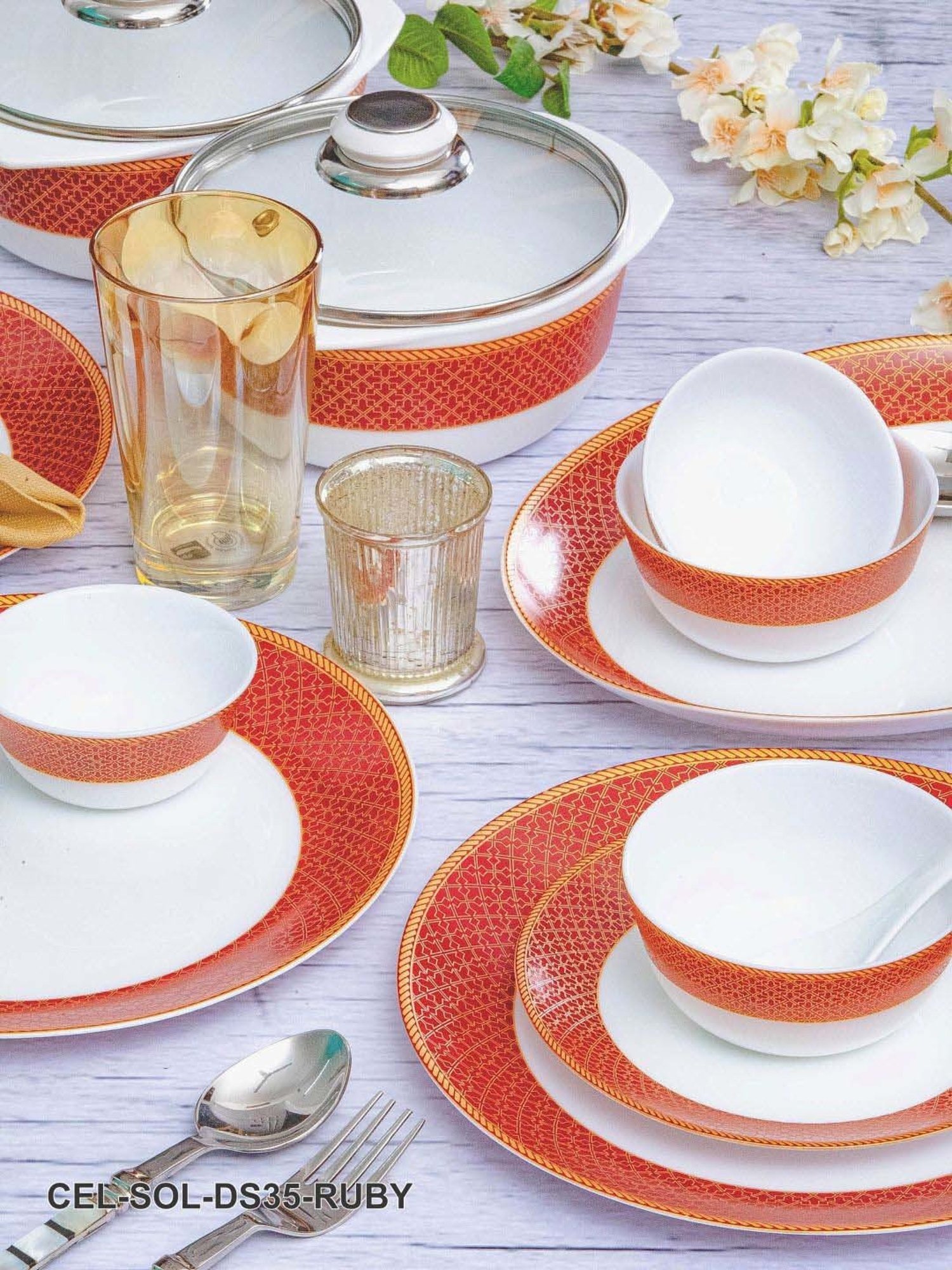 Cello White & Rust Glass Dinner Set
