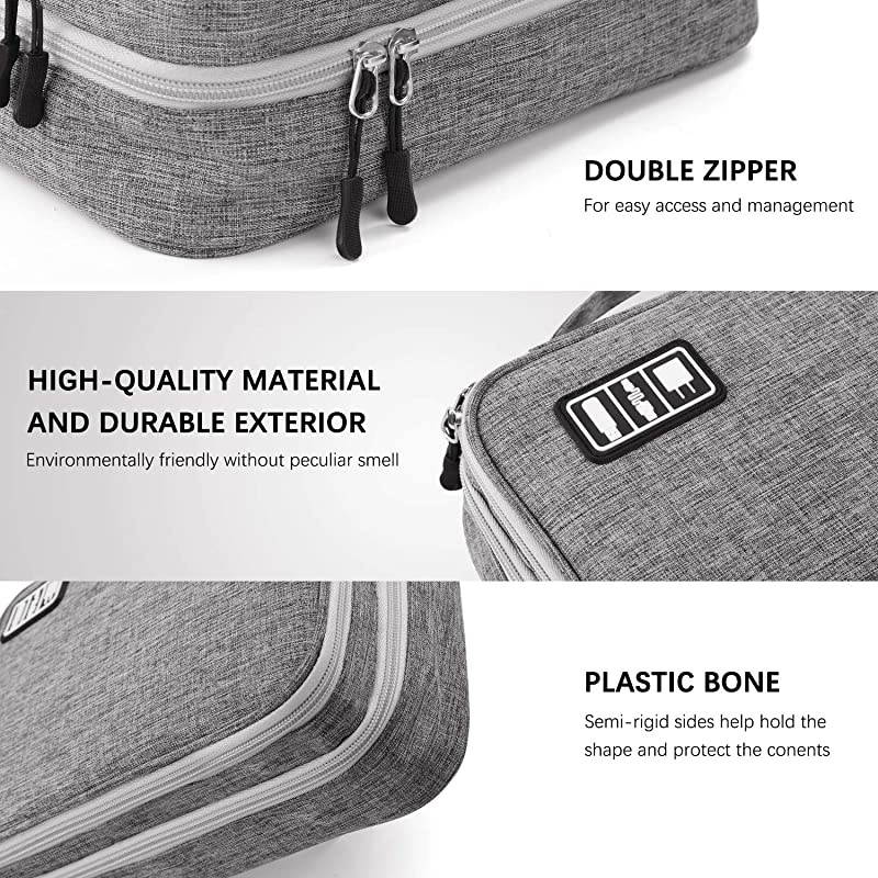 Electronics Travel Organizer,  Electronics Cable Organizer Bag Double Layer Travel Cable Storage Bag for Cables, Laptop Charger, Tablet (Up to 11'') and More-Thick Large(Grey)