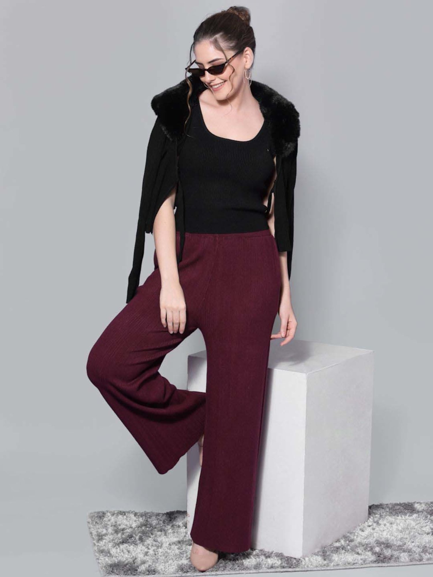 Mafadeny Maroon Self Pattern Palazzos