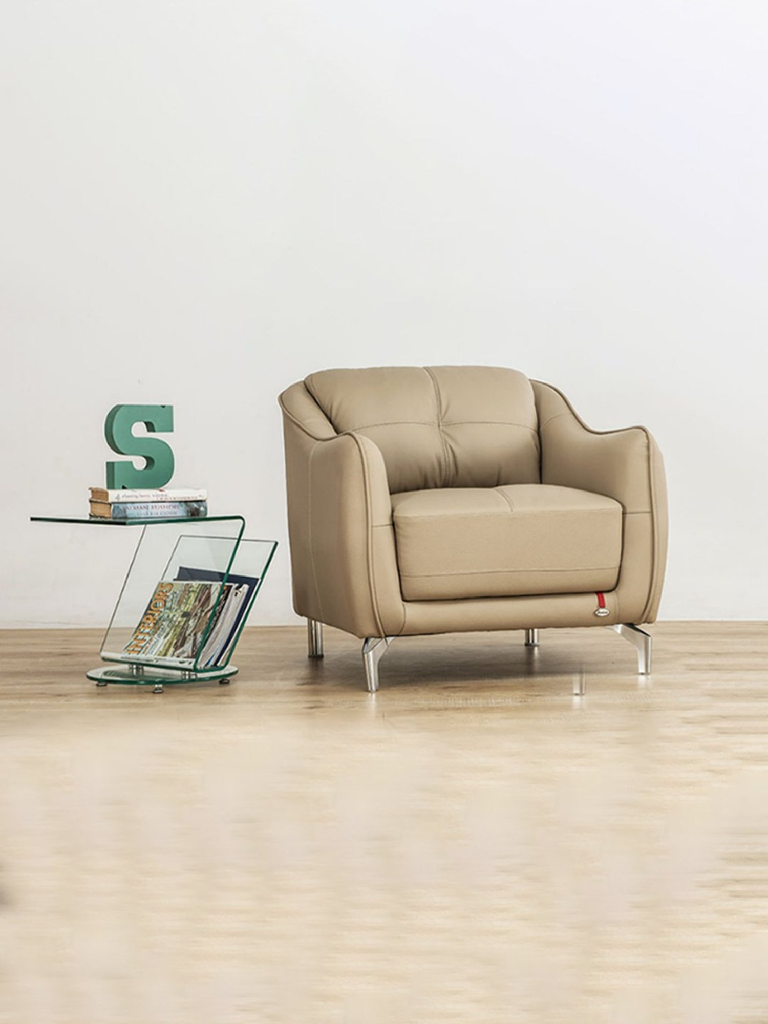 Durian Skyler Mushroom Brown Leather 1 Seater Sofa