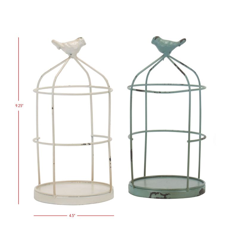 Set of 2 Rustic White and Mint Metal Wire Cage and Bird Pillar Candle Holders - Foreside Home & Garden