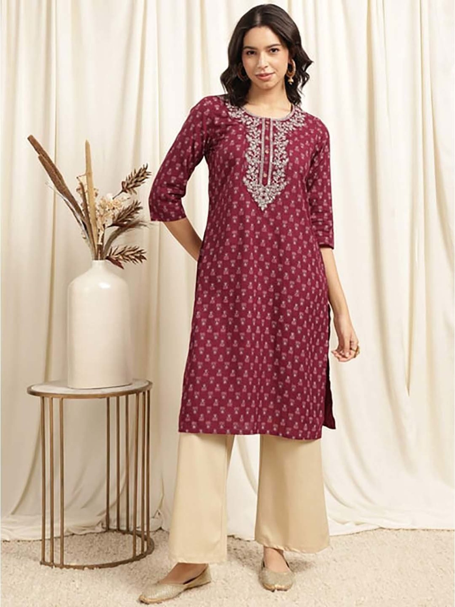 Rangita Maroon Cotton Printed Straight Kurta