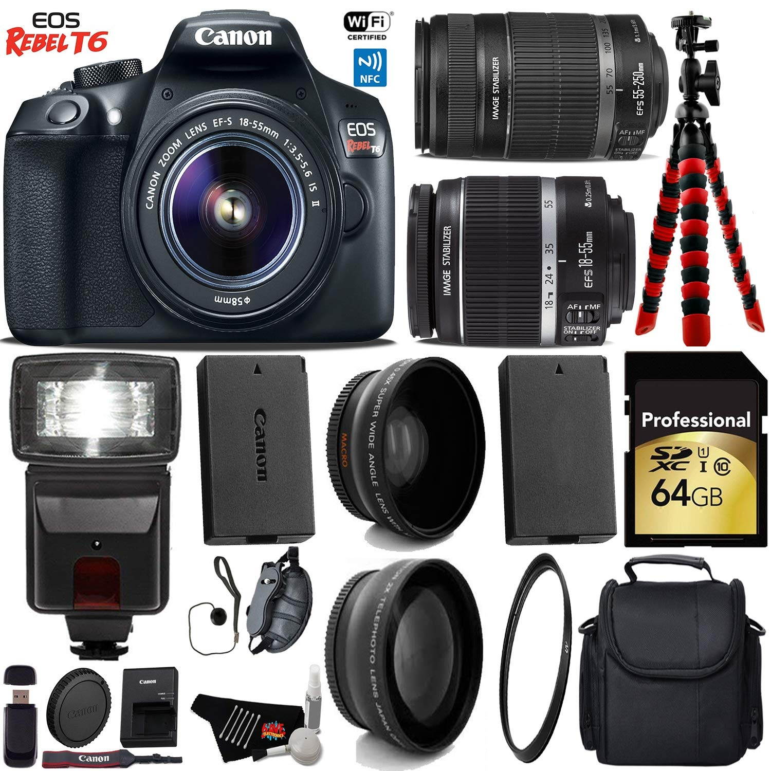 Canon EOS Rebel T6 DSLR Camera with 18-55mm IS Lens & 55-250mm IS II Lens + Flash + Wide Angle & Telephoto Lens + UV FLD CPL Filter Kit + Camera Case + Tripod + Card Reader + Bundle (Intl Model)