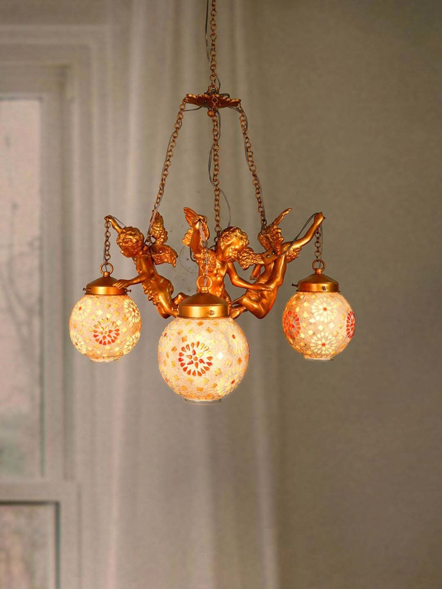 FOS LIGHTING White & Golden Aluminium 3-In-1 Cherub Chandelier With Glass Shade