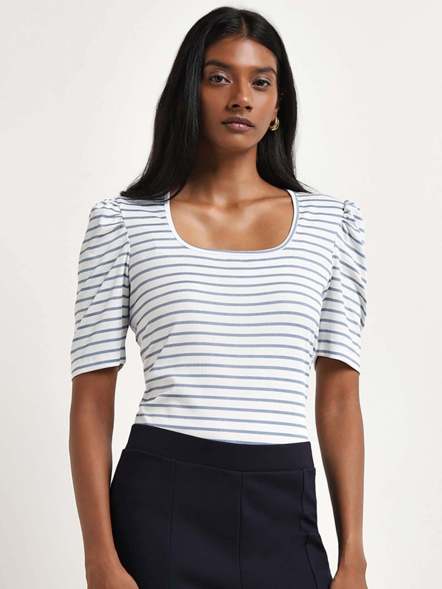 Wardrobe by Westside White & Blue Striped Knitted Top