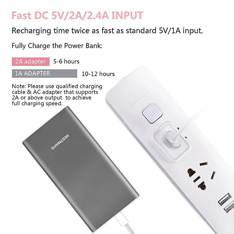 Capacity 10000mAh Quick Charge QC 30 Portable Charger Fast Speed Charging Dual Input Thin Power Bank Compatible For iPhone iPad Samsung Galaxy Mobile phone Android Smartphone Device Space Grey