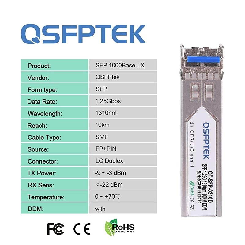 Gigabit SFP Module 1000BASELXLH 1310nm 10km DDM SingleMode LC MiniGBIC Transceiver for Cisco GLCLHSMDGLCLXSMRGD Ubiquiti UFSM1G Netgear Mikrotik Other Open Switches 2 Pack