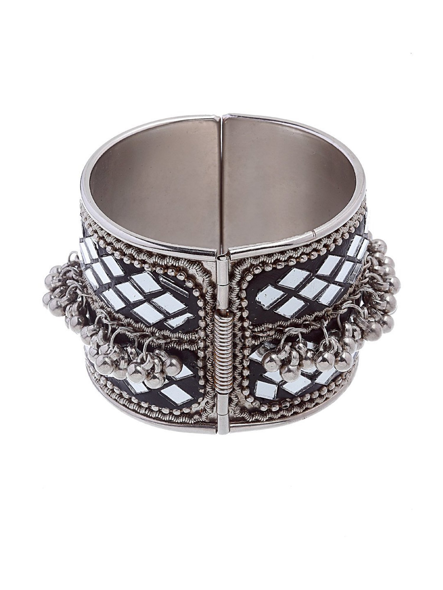 Moedbuille Mirrors & Ghungroo Studded Afghan Design Oxidised Silver Plated Handcrafted Bracelet
