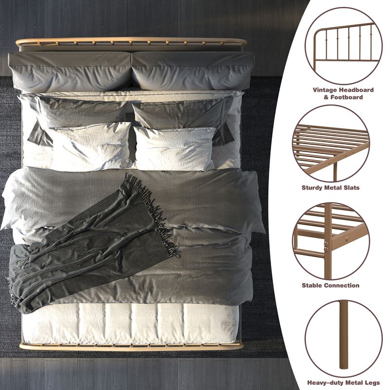 Costway Queen size Metal Bed Frame Steel Slat Platform Headboard Bedroom Antique Brown