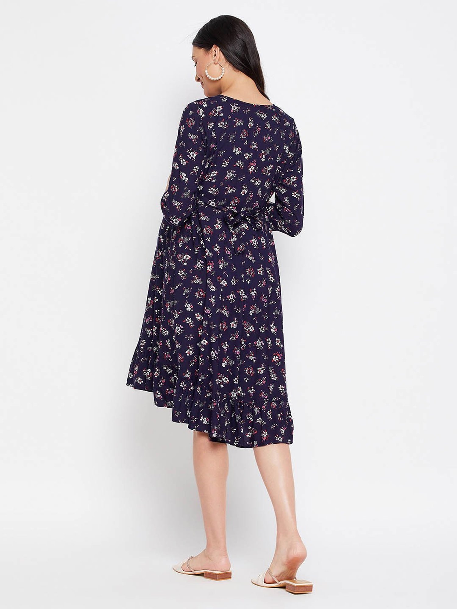 Hypernation Navy Rayon Floral Print Maternity Dress