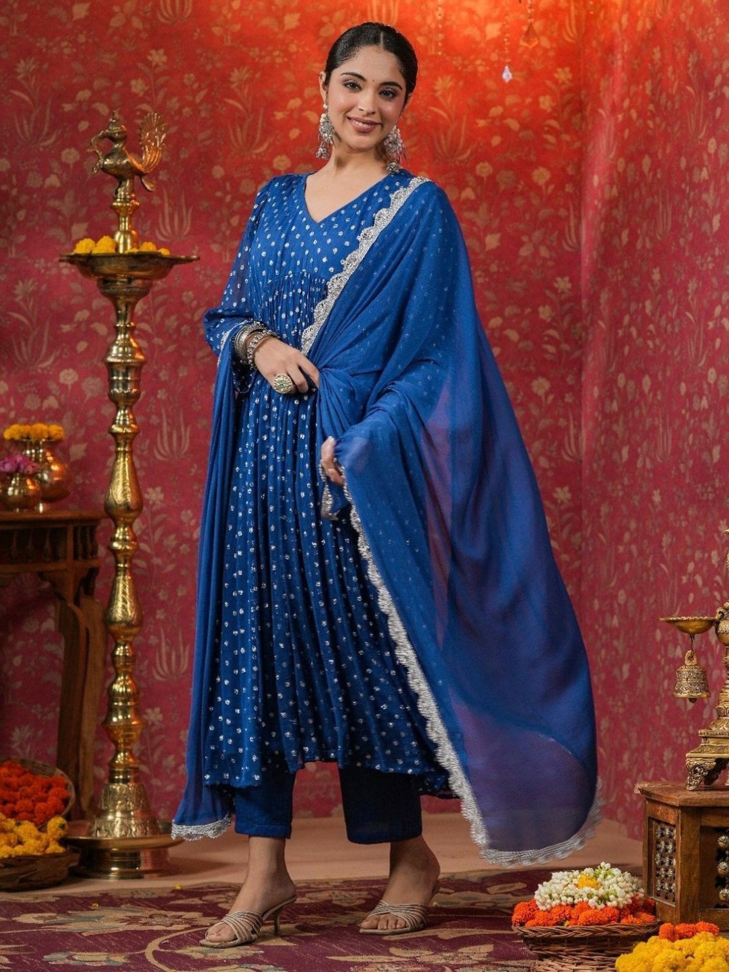 Everbloom Blue Manya Lurex Flared Kurta With Pant & Dupatta