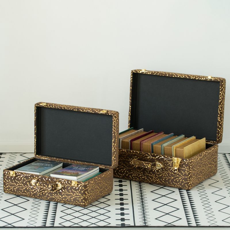 Vintiquewise Decorative Tufted Velvet Suitcase Treasure Chest Set of 2, Brown