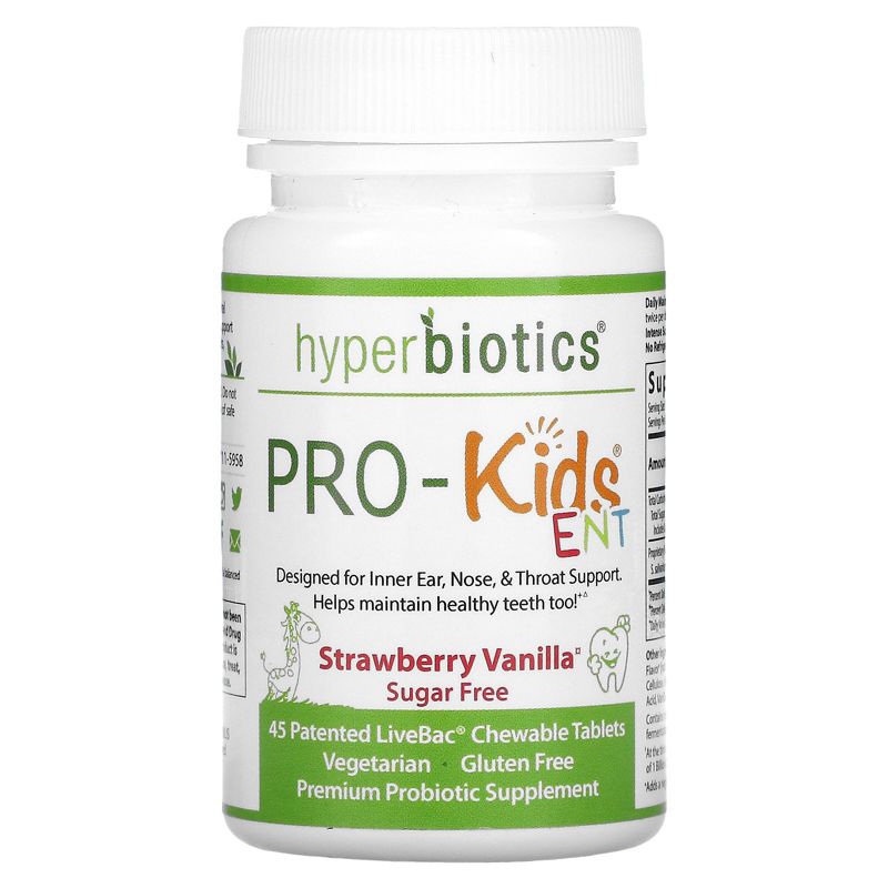 Hyperbiotics PRO-Kids ENT, Sugar Free, Strawberry Vanilla, 45 LiveBac Chewable Tablets, Probiotics