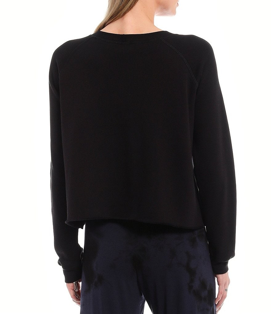 JALA Solid French Terry Cropped Crew Neck Long Sleeve Lounge Top