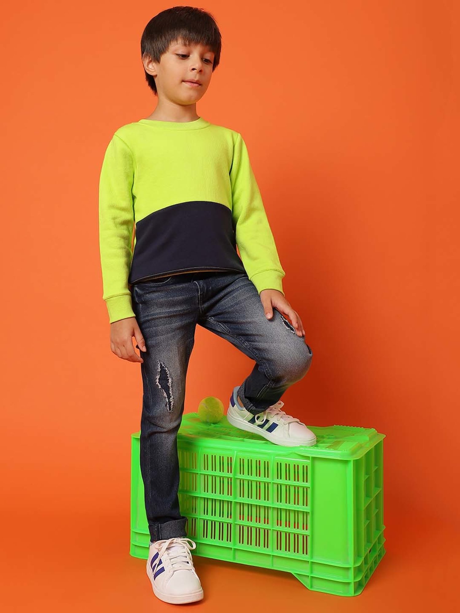 Tales & Stories Kids Neon Green & Black Cotton Regular Fit Full Sleeves Sweatshirt