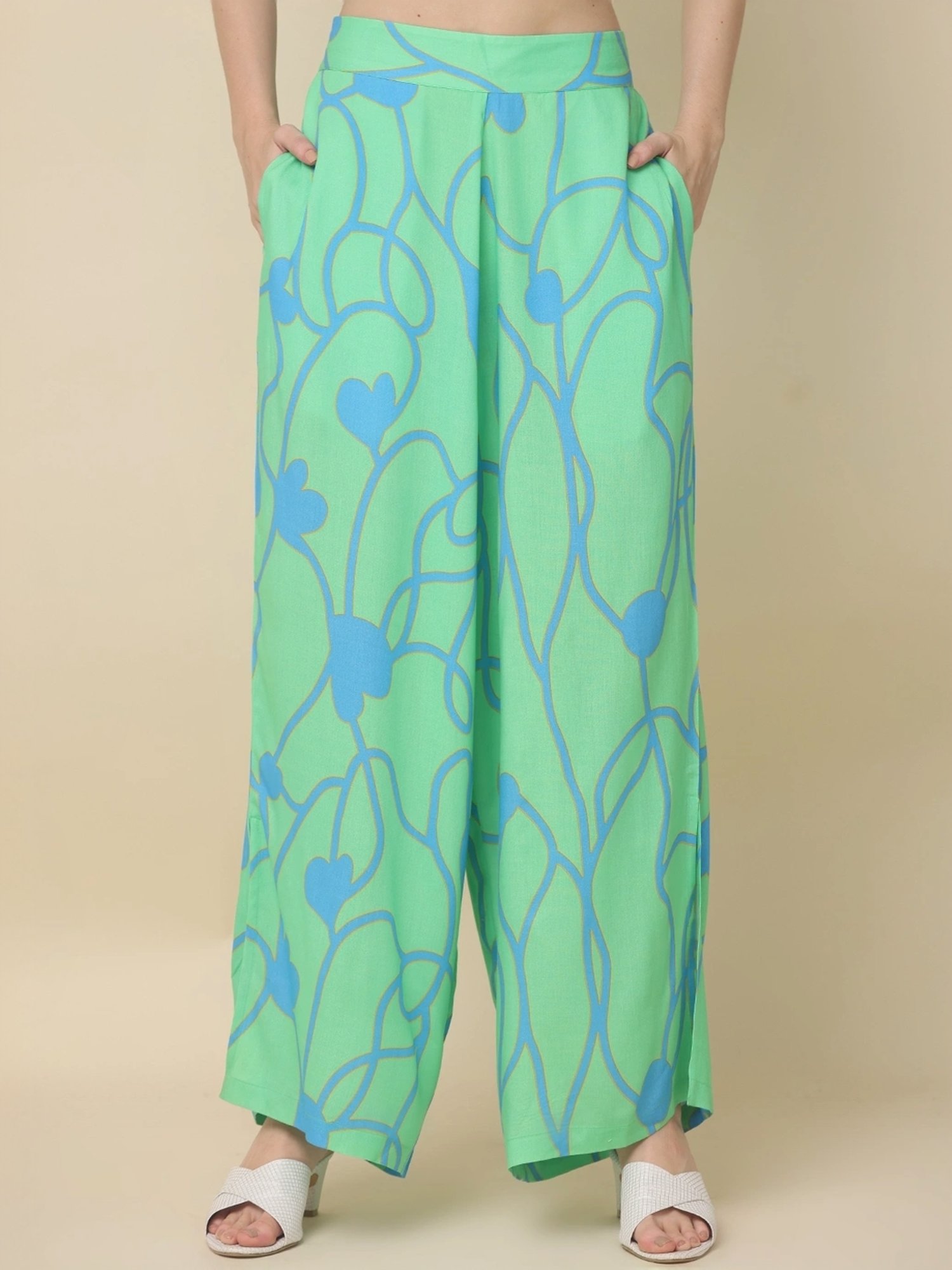 Zolo Label Green Cotton Printed Top Palazzo Set