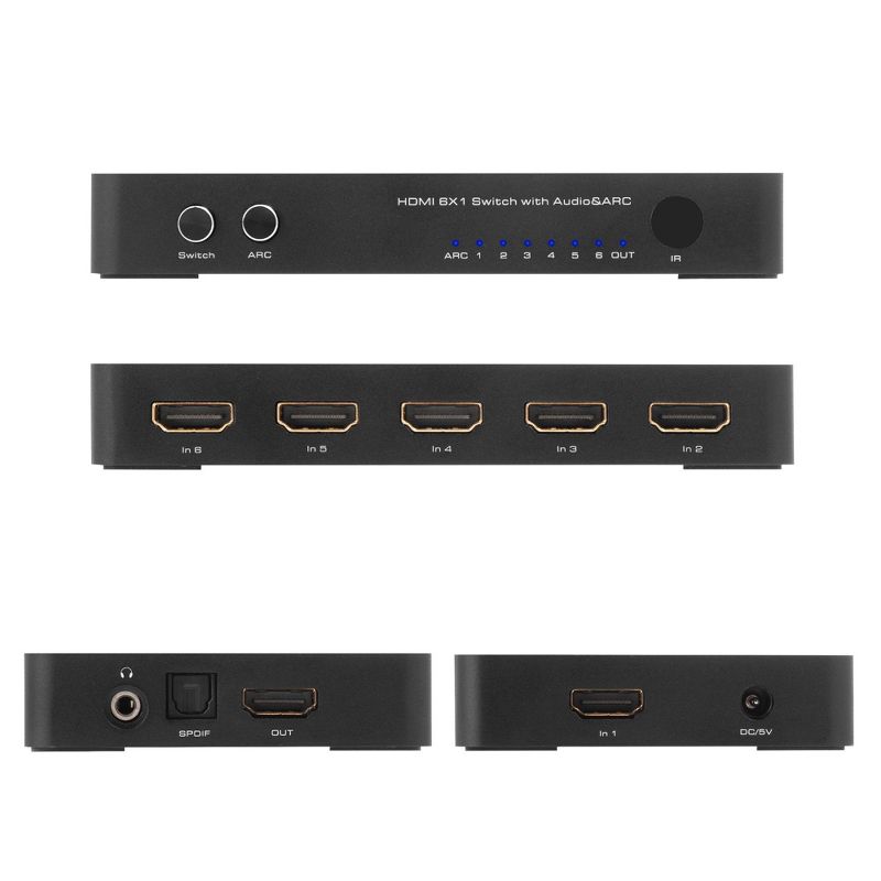 Insten 6-Port 4K HDMI Switch with Optical Toslink & 3.5mm Audio Out, 6x1 HDMI 1.4 Switcher support ARC 4K@30Hz for Soundbar Speaker HDTV PS4 Blu-Ray