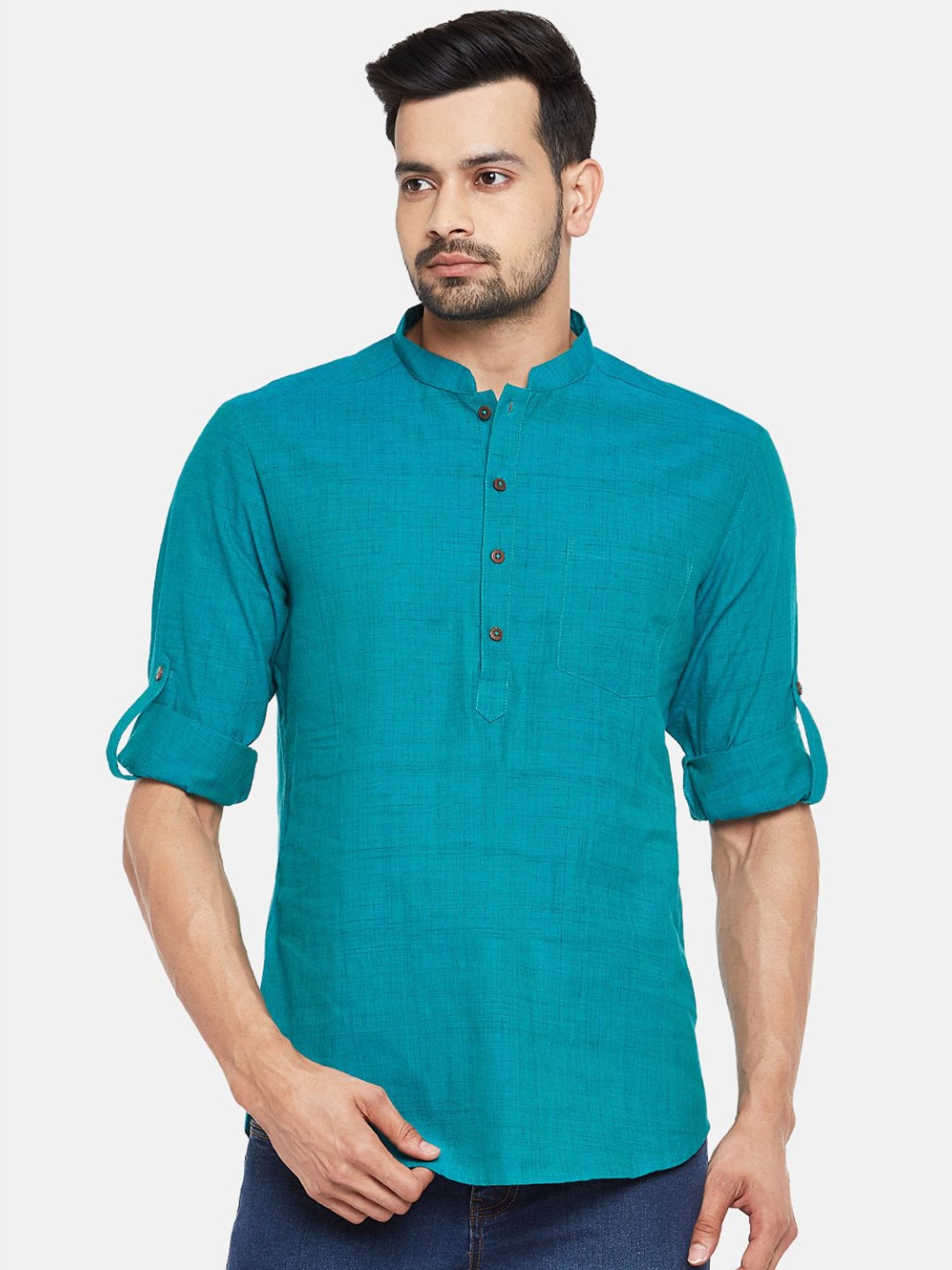 Indus Route by Pantaloons Turquoise Cotton Regular Fit Short Kurtas