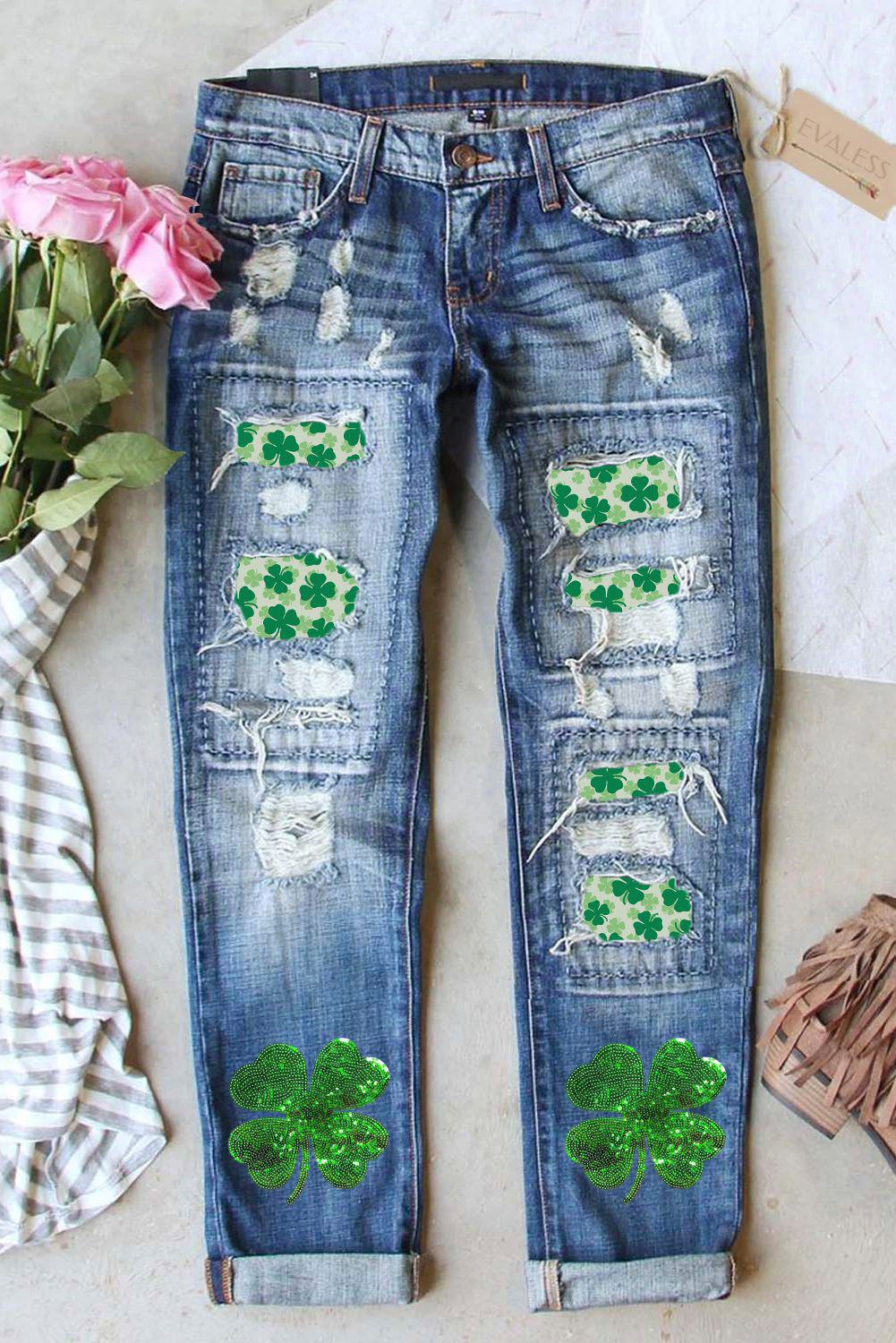 Blue Sunflower Print Ripped Mid Rise Straight Leg Graphic Jeans