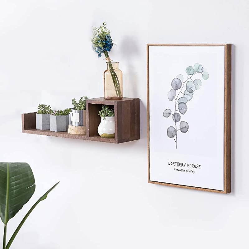 Square Cube U Shaped Wall Mounted Shelf, Storage Hanging Shadow Box Shelves Floating Bookshelves Organizer CD Photo Rack Display Case for Bedroom Living Room Office(Walnut, Right)