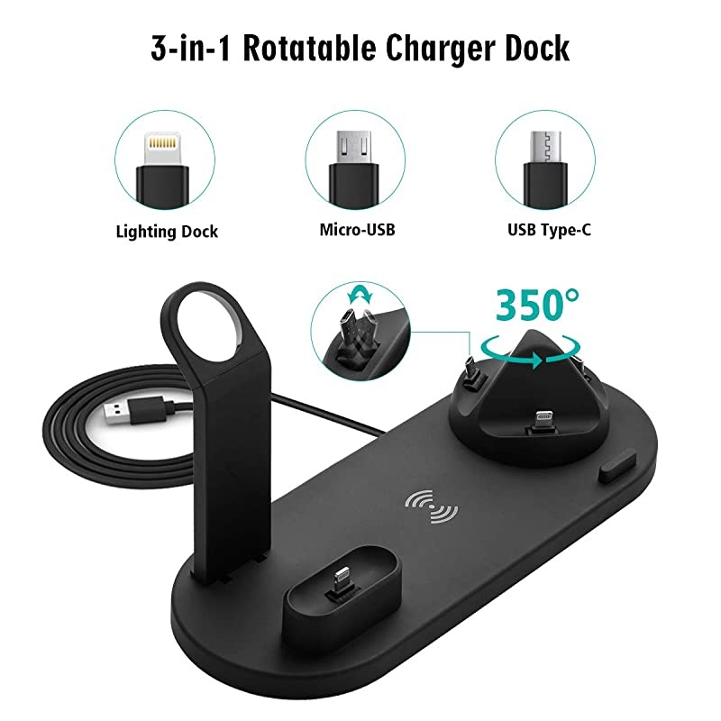 Charger 3 in 1 Charging Station Power Dock for iPhone/AirPods Qi-Certified Fast Charging Stand iPhone 12/11/11Pro/11Pro Max/X/XS/XR/Max / 8/8 Plus Samsung (Black)