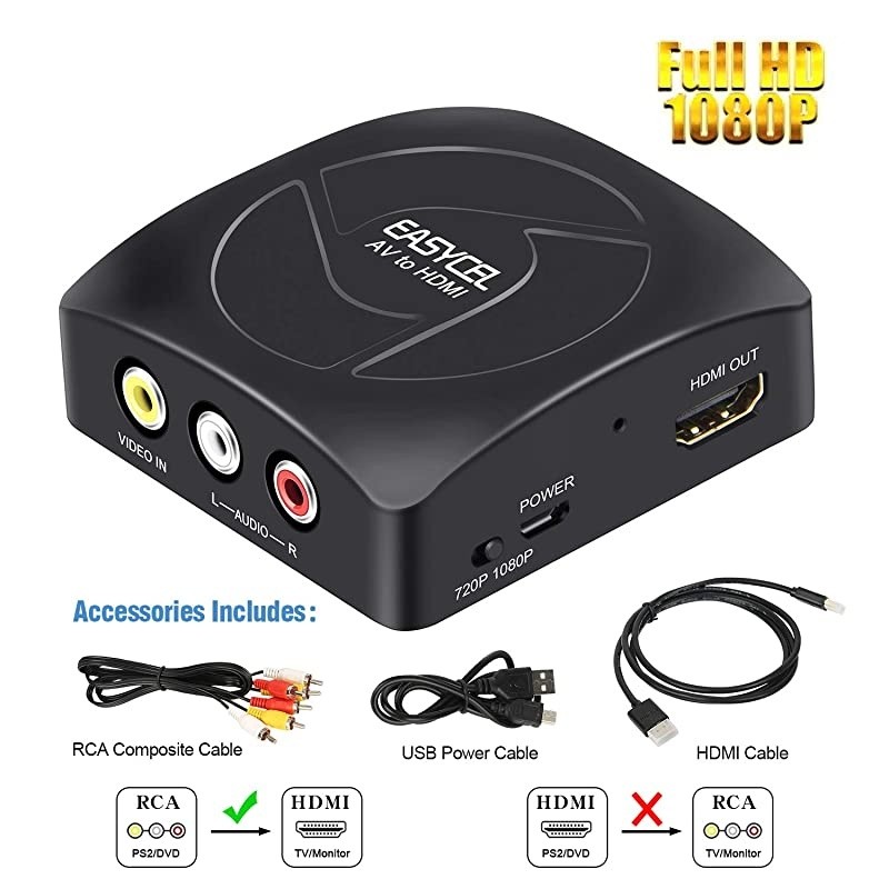 RCA to HDMI Converter with HDMI and RCA Cables,  Composite to HDMI Converter, CVBS/ AV to HDMI Converter, AV2HDMI Converter