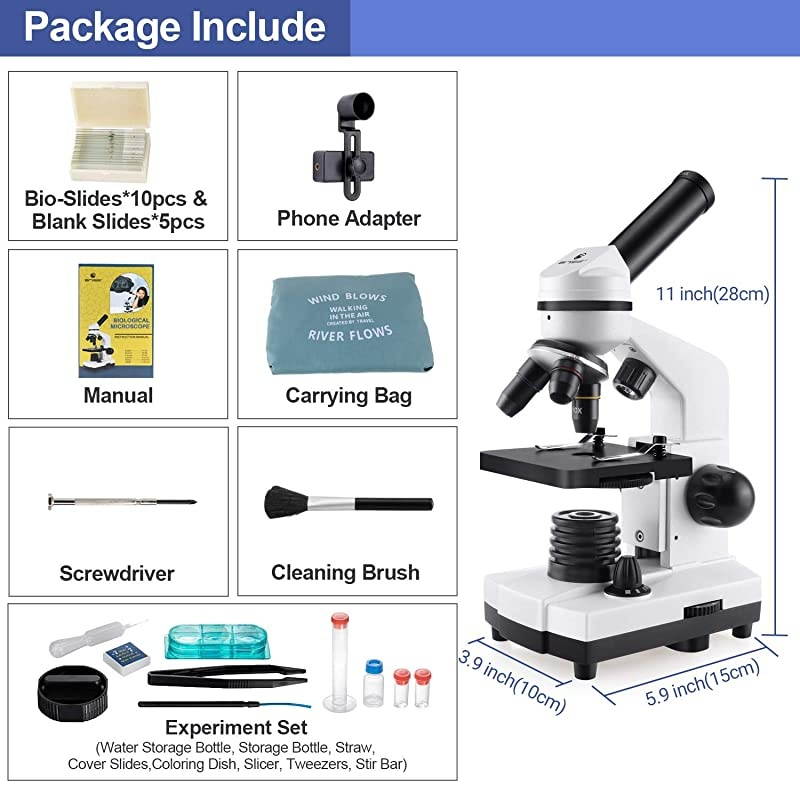 for Kids and Students 1000X School Science Kit with 10pcs Prepared Slides + 5pcs Blank Slides Smartphone Adapter Carrying Bag for School Teaching Family Education