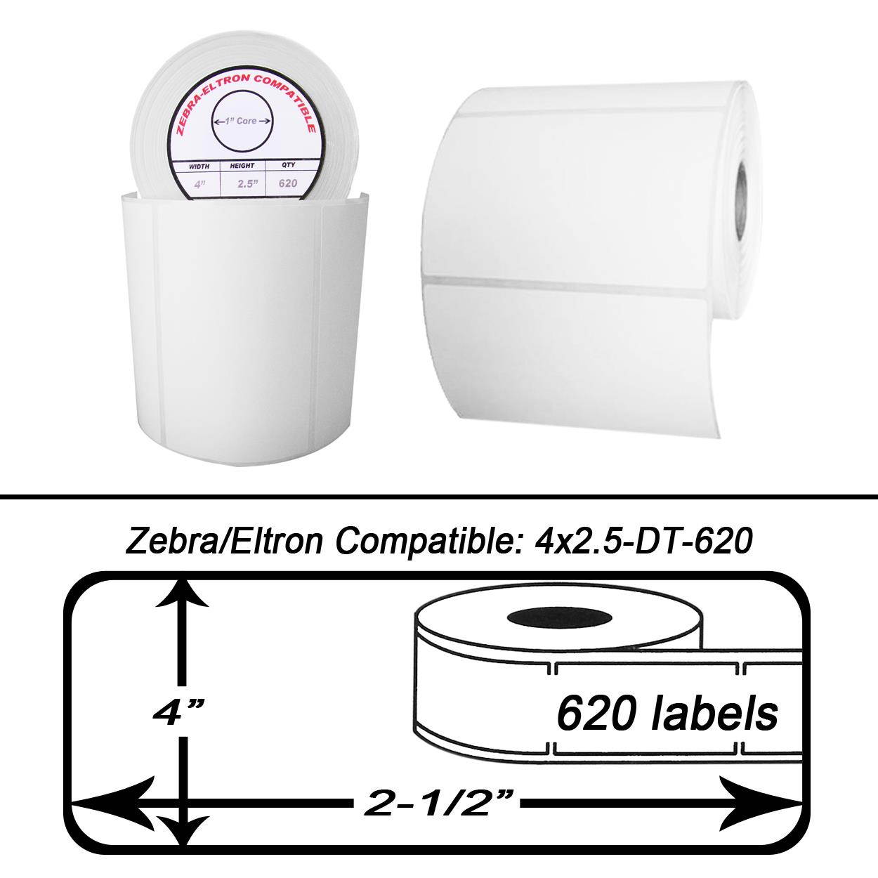 Zebra/Eltron-Compatible 4 x 2.5 Labels (4" x 2-1/2") -- BPA Free! (6 Rolls; 620 Labels per Roll)