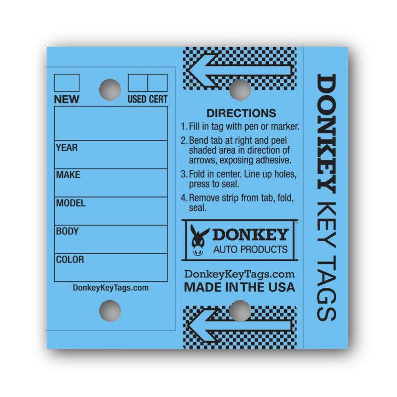 Donkey Key Tags, Laminated Self-Protecting (250 Tags Per Box with Metal Rings) (Blue)