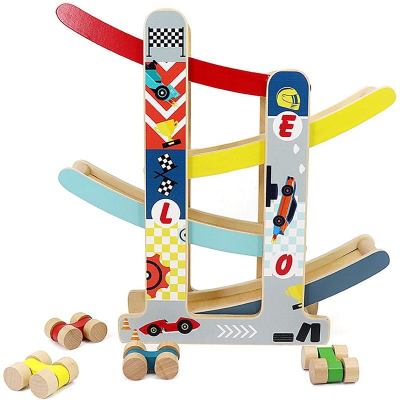 Leo & Friends Wooden Ramp Racer Track with 4 Race Cars Included
