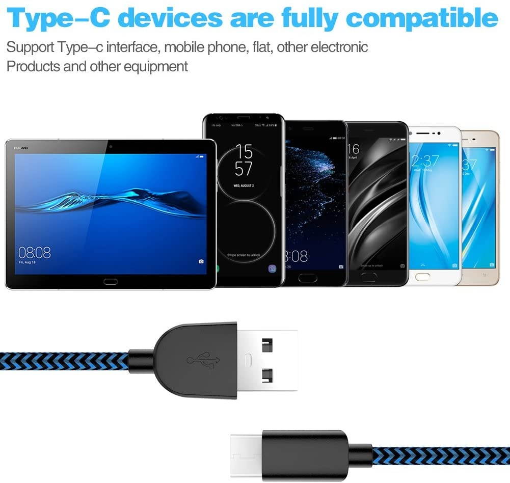 USB Type C Cable 5Pack (3/3/6/6/10FT) Nylon Braided USB C Cable Fast Charger Charging Cord Compatible Samsung Galaxy S9 S8 Note 9 Note 8 PlusLG V30 G6 G5 V20Google Pixel Moto Z2 and More (Blue)