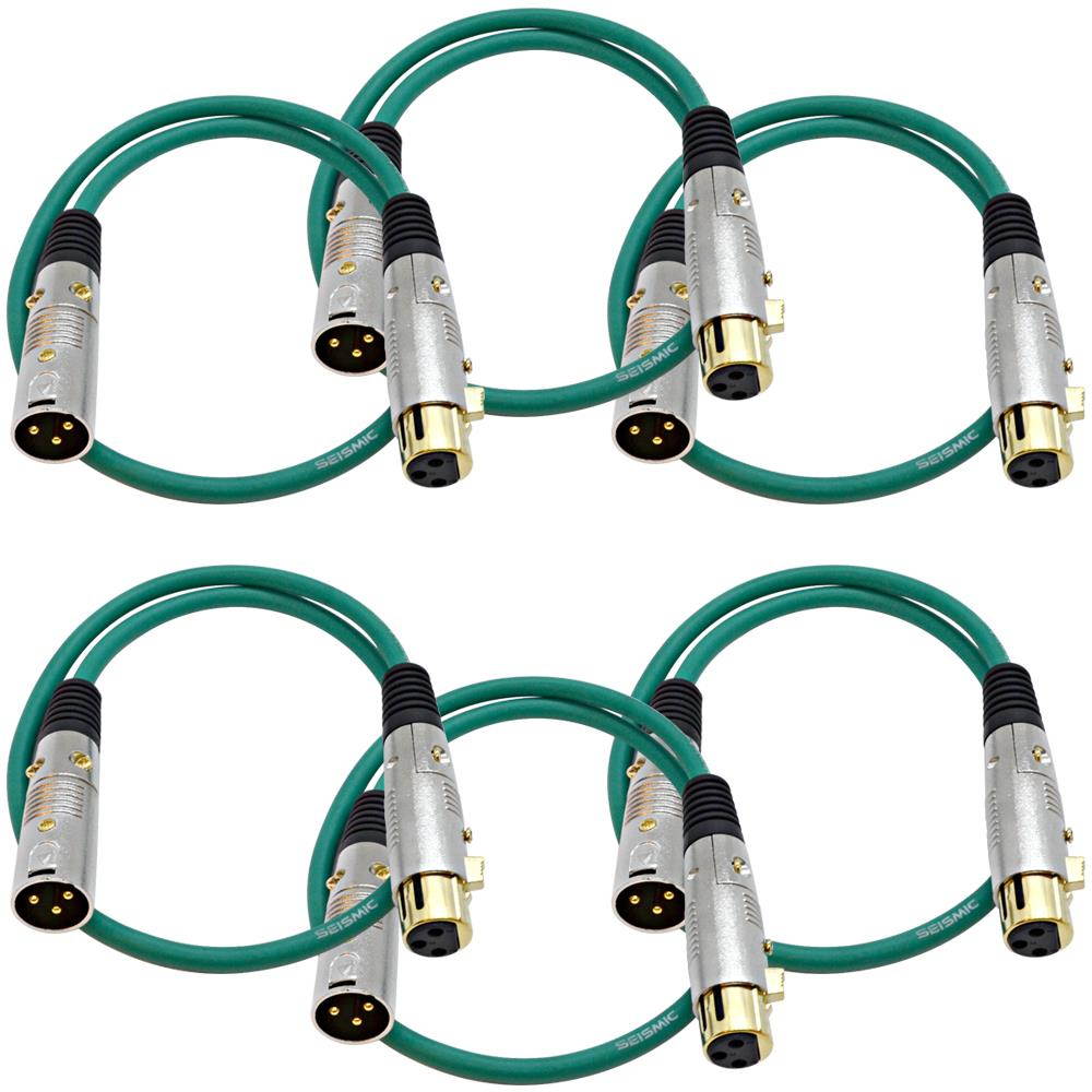 Seismic Audio - SAPGX-2Green-6Pack - 6 Pack of 2 Foot Gold Plated Green XLR Mic Microphone Patch Cable Cord Balanced