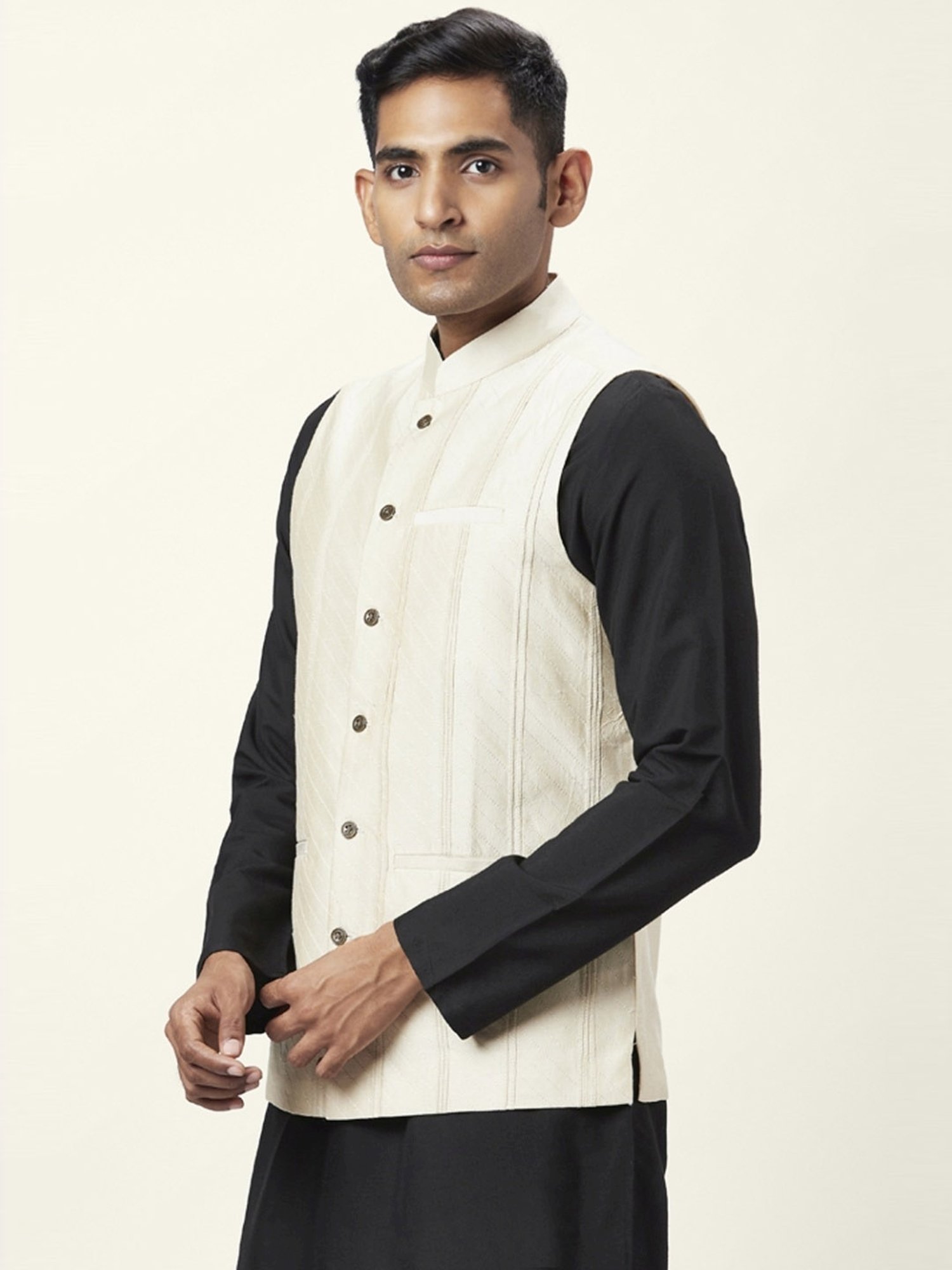 Indus Route By Pantaloons Beige Regular Fit Embroidered Nehru Jacket