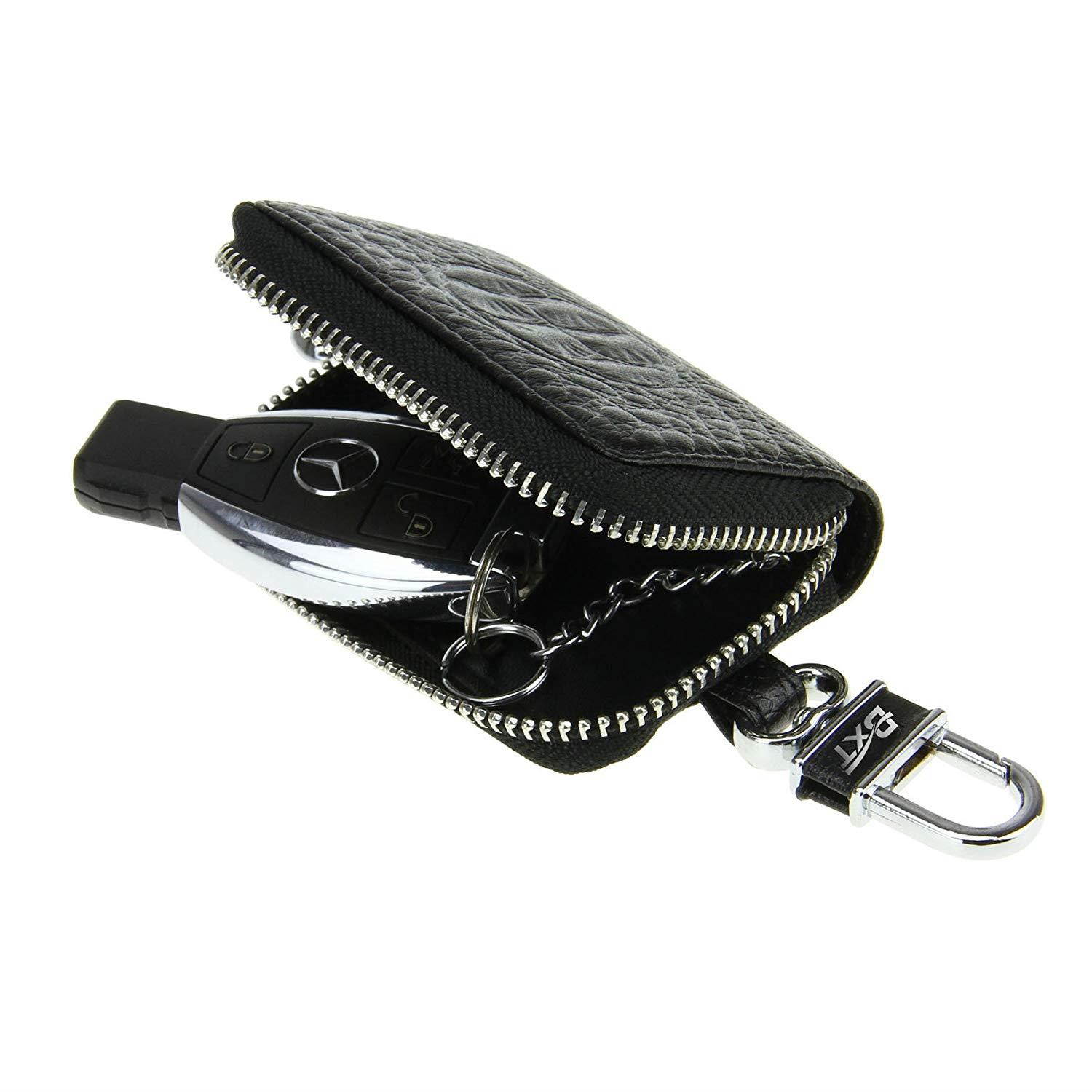 Womens Mens Luxury Delicate Crocodile Genuine Leather Pocket Size Key Pouch Bag Solid Color Zipper Universal Car Smart Key Case Holder Coin Purse Wallet Key Ring Hook Keychain Tags